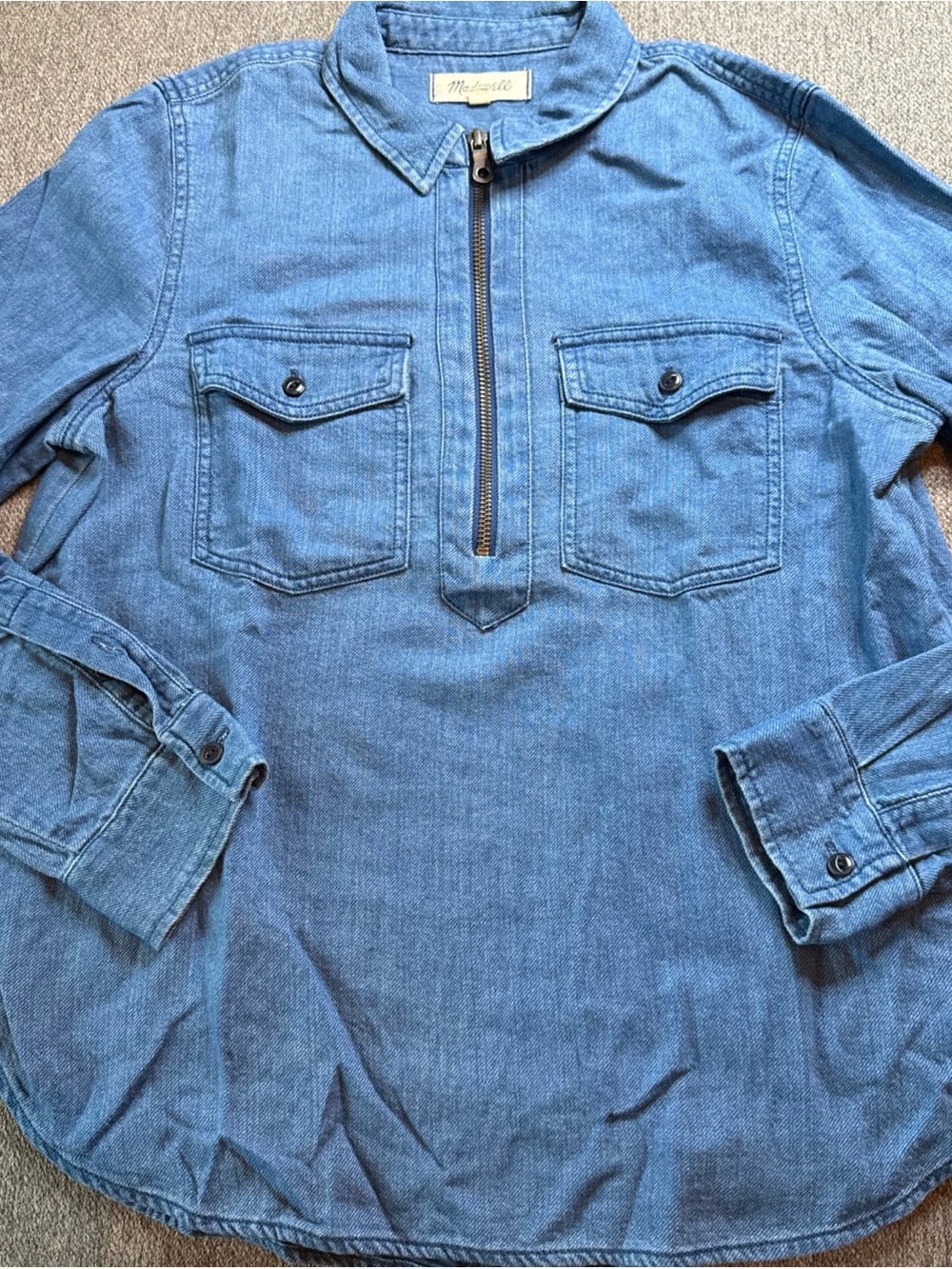 Madewell Zip Front Popover Chambray Denim Long Sleeve Shirt 2 Pocket Women's M